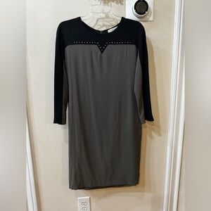 Gerard Darel Black and Pale Olive Color-Block Stud-Accented Shift Dress Size 36